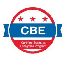 A red and blue logo for the certified business enterprise program.